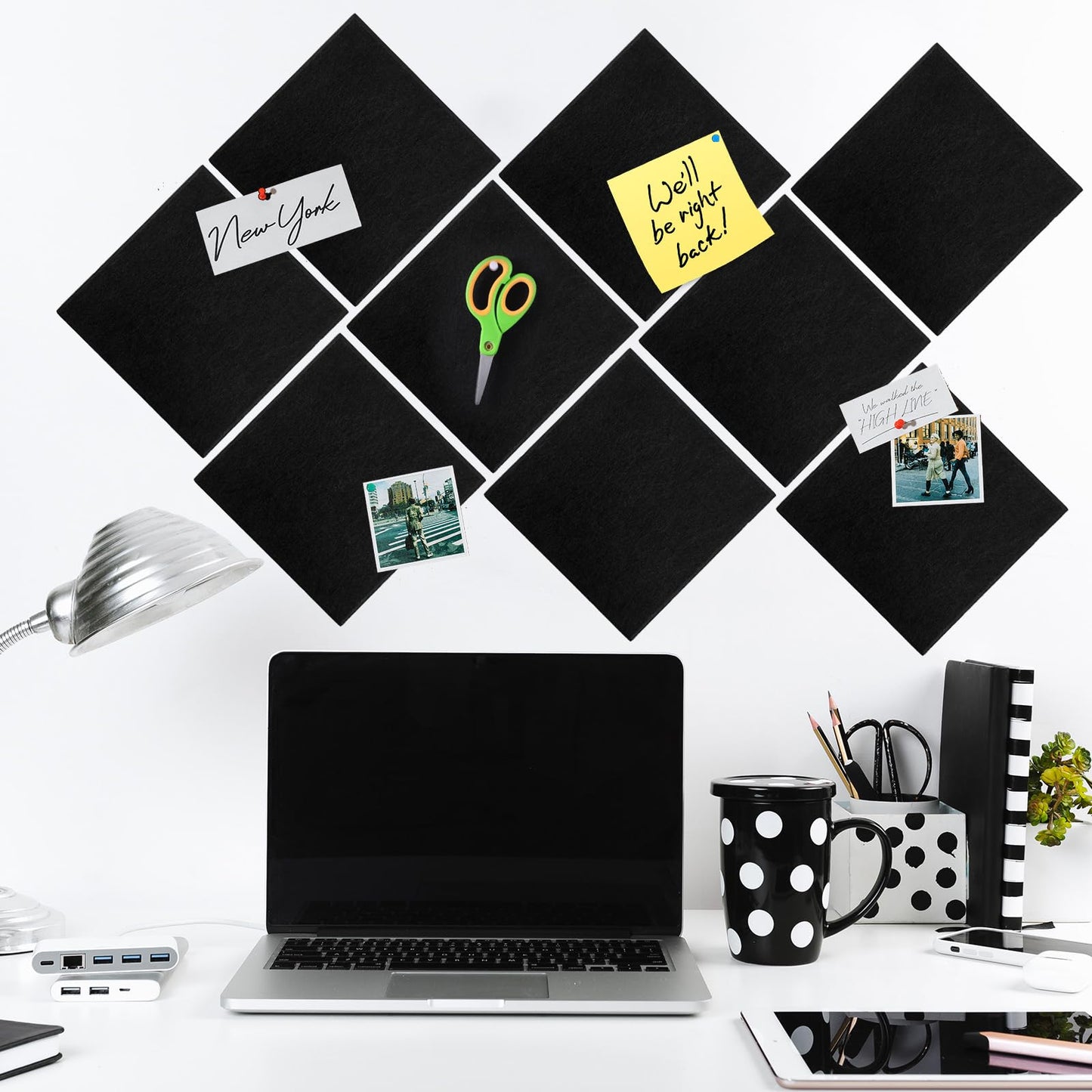 12 Pack 47x35 Inch Large Cork Board Alternative, Black Felt Bulletin Boards Wall Tiles with Push Pins and Removable Adhesive Tabs, for Office Home Pin Board