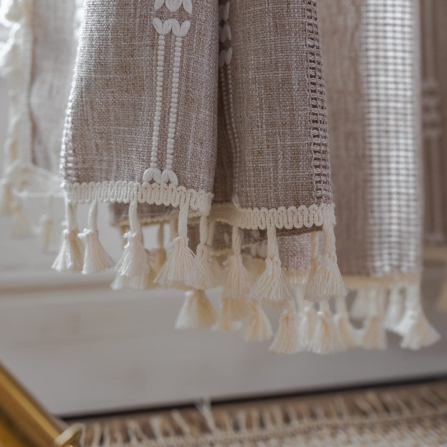 Colorigan Boho Semi Blackout 63 84 96 Inches Length 2 Panels Set Farmhouse Window Curtains with Tassels, Striped Embroidered Rustic Cotton Linen Long Bohemian Curtain Drapes for Living Room, Bedroom
