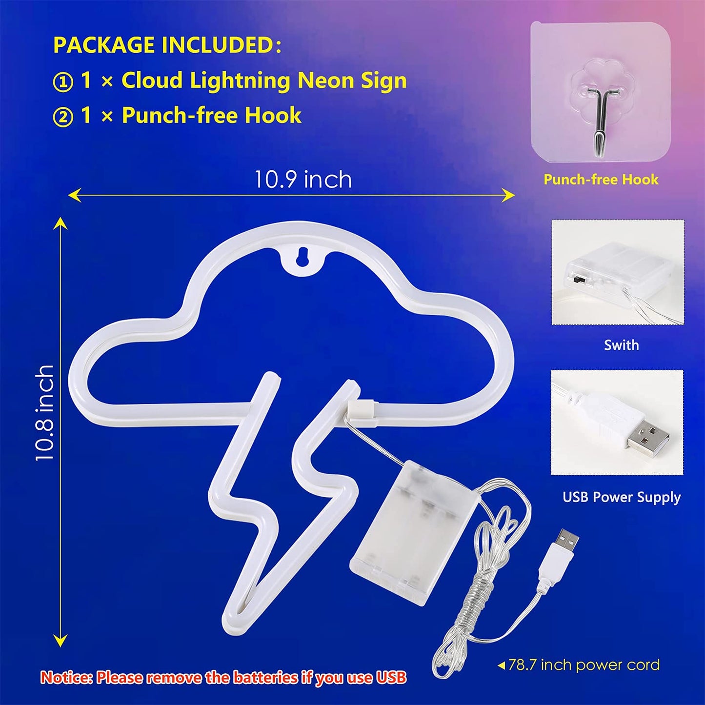 Neon Sign LED Cloud Lightning Neon Signs for Wall Decor Hanging Neon Light Battery or USB Powered Light Up Neon Lights for Bedroom Aesthetic Kids Room Living Room Bar Party Christmas Wedding Yellow