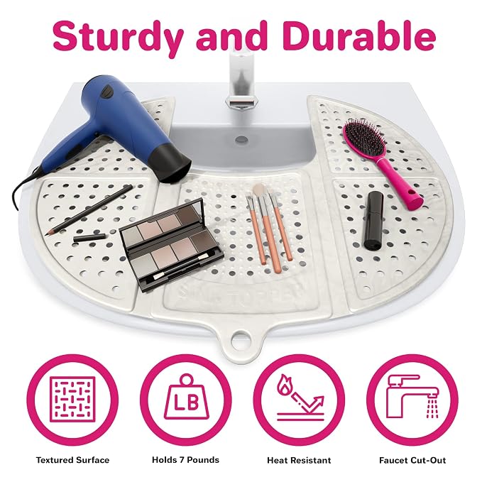 Sink Topper Bathroom Counter Cover & Storage Saver, Foldable Silicone Mat for Hot Tools, Hair Styling & Makeup, Beauty Brush Cleaning Mat, RV Camper Sink Cover & for Small Spaces (Standard Pearl)