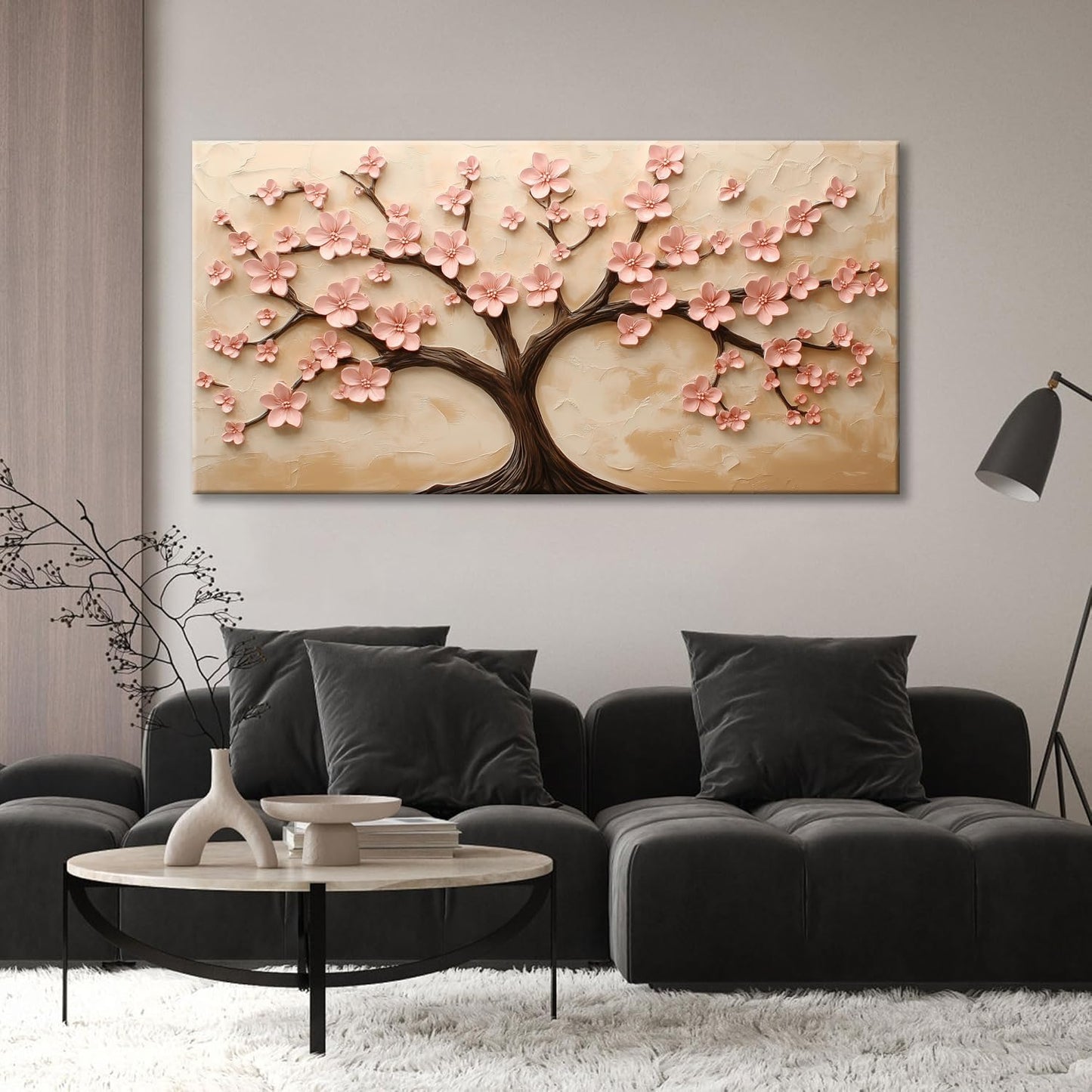 BirdSuite 3D Pink Cherry Blossom Tree Wall Art, Canvas Print Wall Decor for Living Room, Modern Floral Painting, Ready to Hang-58x29 Inches
