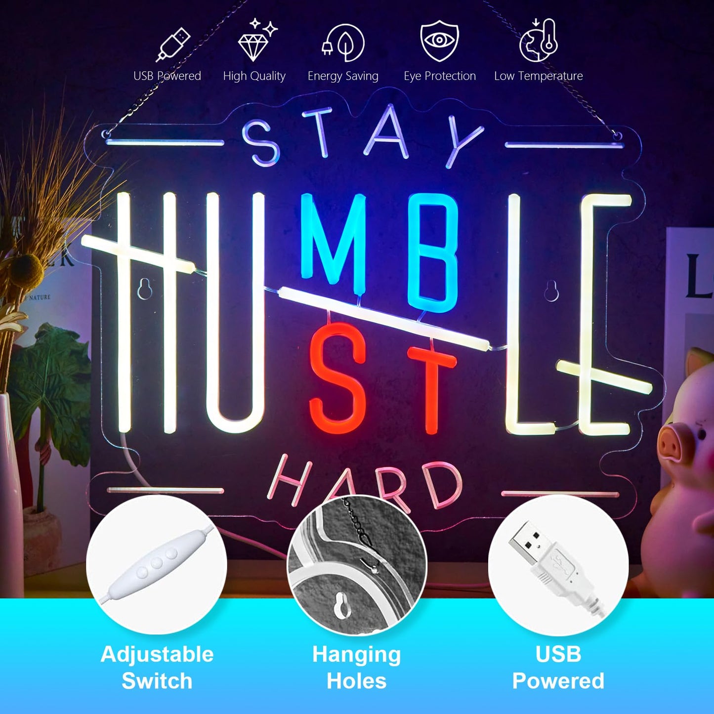 Hustle Neon Sign Humble Neon Sign for Wall Decor Stay Humble Hustle Hard USB Dimmable LED Neon Lights for Boys Girls Room Office Gameroom Men Cave Holiday Birthday Christmas Gift