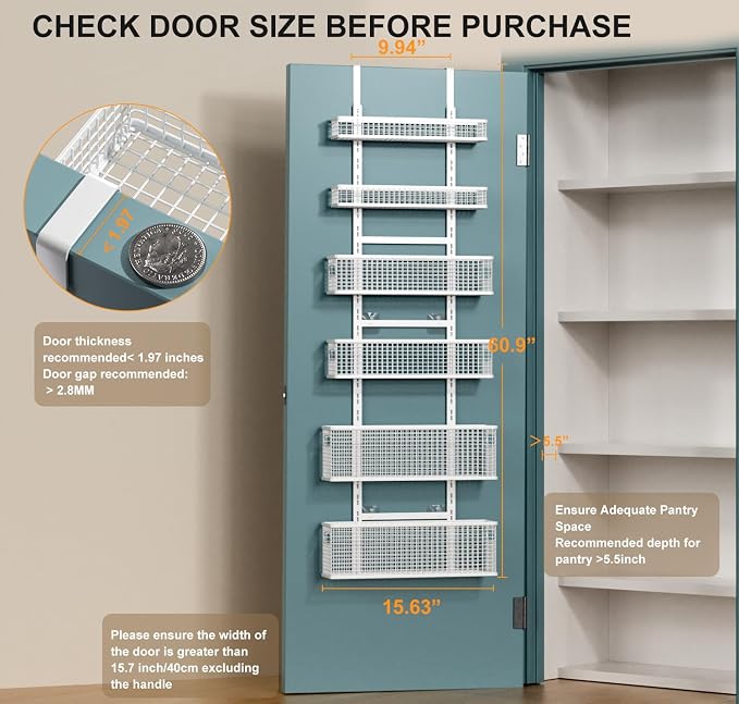 6-Tier Over The Door Pantry Organizer,Hanging Spice Rack,Grid Basket,White | Height Adjustable,Easy Grip Handle,Large Capacity,For Pantry Door,Laundry Room,Bathroom,Kitchen,D5.3xW15.7xH60.9in