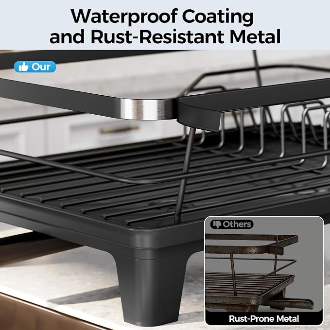 Urackify Dish Drying Rack for Kitchen Counter, Sink Dish Rack with Drainboard 12.2" W x 16.5" L, Large Dish Drainer with Cutlery Holder, Home Countertop Plate Dryer Storage Rack, Black