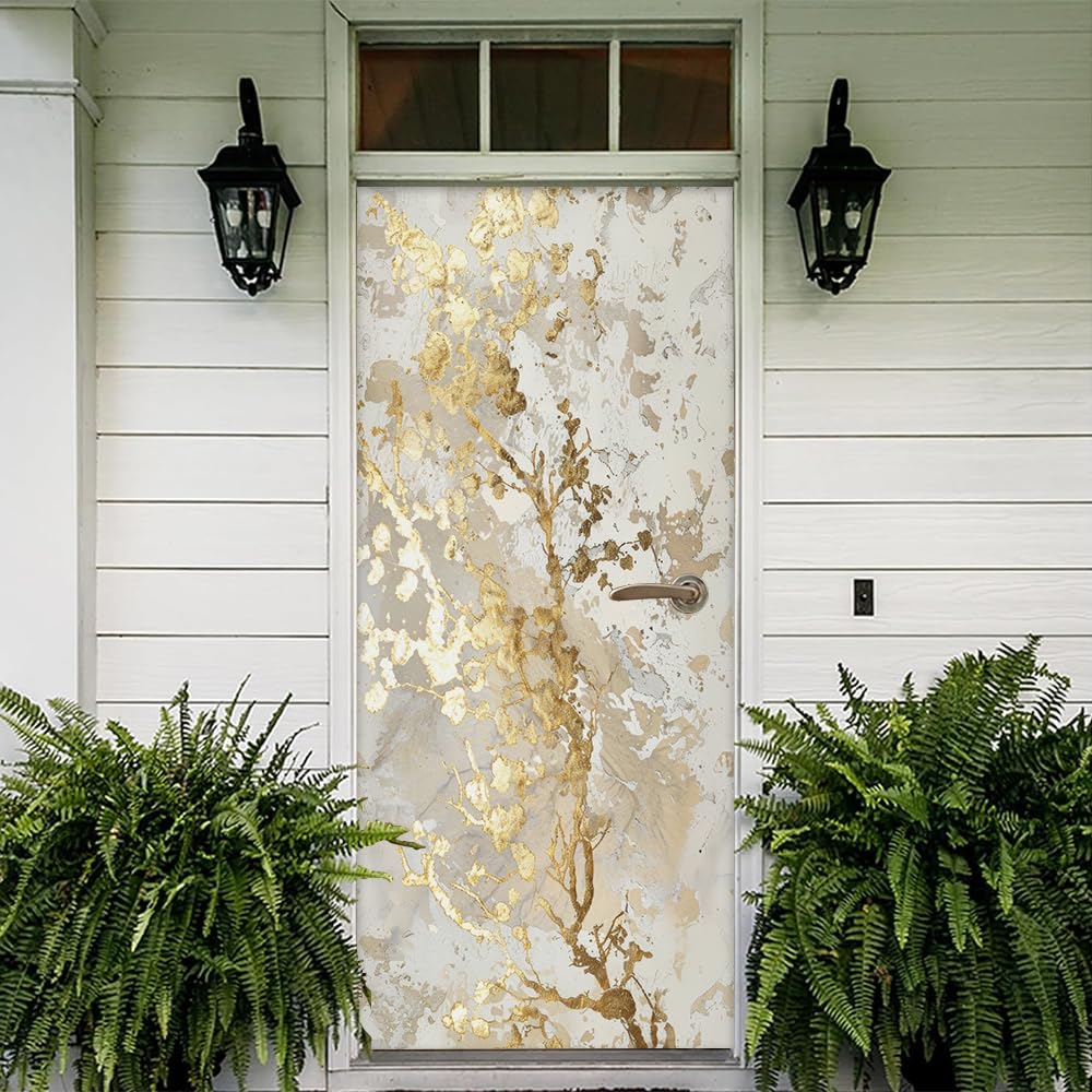 REDAMANCY White Beige Cream Yellow Abstract Marble Peel and Stick Door Stickers Vinyl Decals Decor Modern Self-Adhesive, Waterproof, Removable