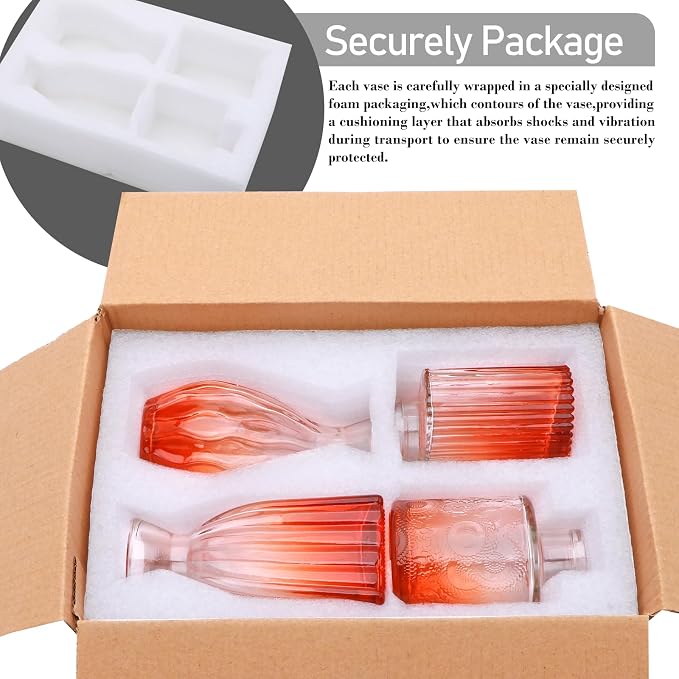 Mapoxy Glass Bud Vases Set of 4,Small Orange Flower Vases for Wedding Centerpiece Table Decorations,Clear Vintage Embossed Mini Vases,Flower Arrangements in Vases for Party or Home Decor