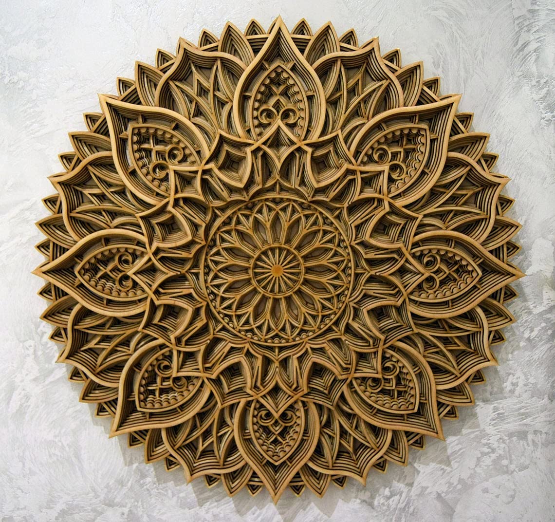 BHDecor Home Wall Decor – Multilayered Laser Cut Carved Elegant Wooden Mandala Hanging MDF Panels for Decoration - Rustic Contemporary Artwork 28.3 x 28.3 inch(72cm), Natural Wood