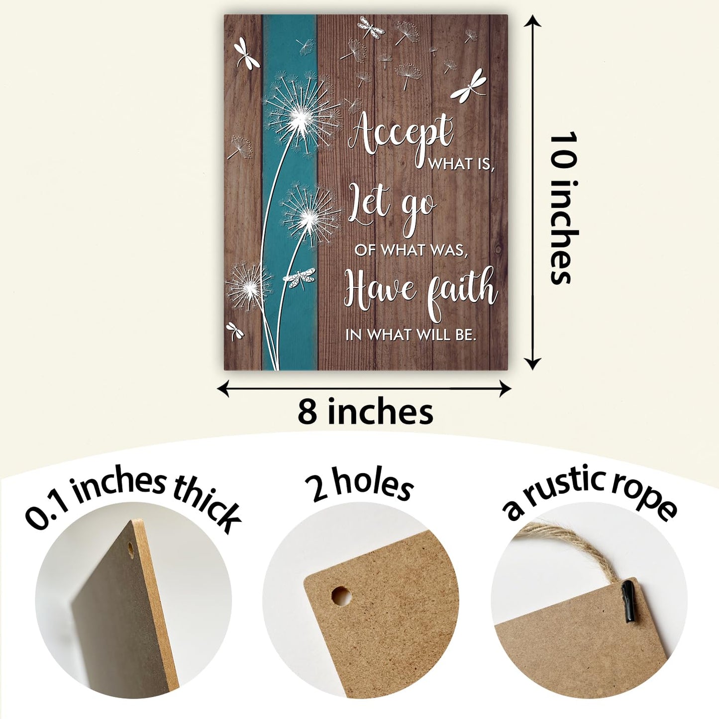 Dandelion Gift Accept What is Let Go of What was Have Faith in What Will Be Inspirational Wood Hanging Sign Plaque with Rope Bedroom Wall Home Shelf Porch Living Room Kitchen Decor -51
