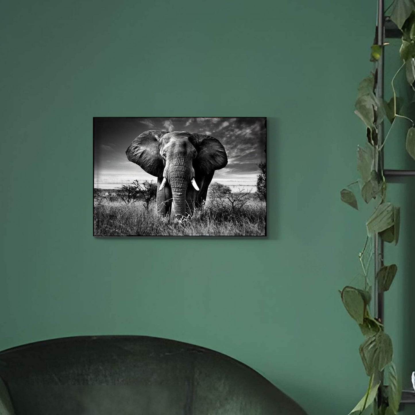 Elephant Black & White Wall Art - Rustic Canvas Painting - African Animal Picture - Natural Artwork for Bathroom & Bedroom Decor - 16x12 Inches