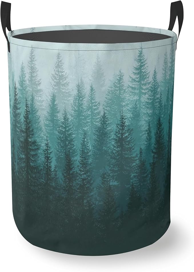 Green Misty Forest Round Laundry Hamper Storage Basket Toys Clothes Organizer Bin For Home Bathroom Bedroom Dorm Nursery