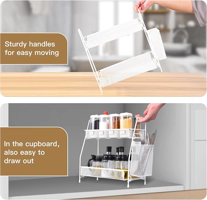 LEMIKKLE Countertop organizer for bathroom counter, bathroom organizers and storage, spice rack organizer for kitchen counter shelf with small basket(White)