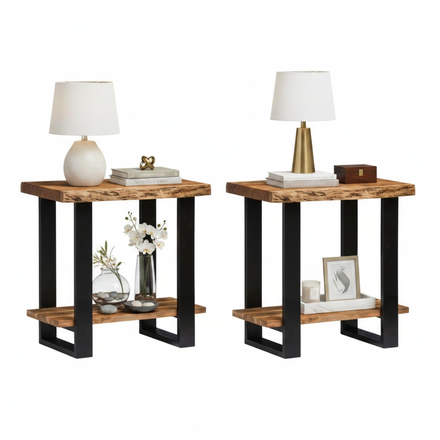 Alaterre Furniture Alpine Live Edge Modern End Table Set of 2-2-Tier Narrow Side Table Set with Open Storage Shelf - Solid Wood and Metal Modern Nightstands for Living Room or Bedroom (Natural)