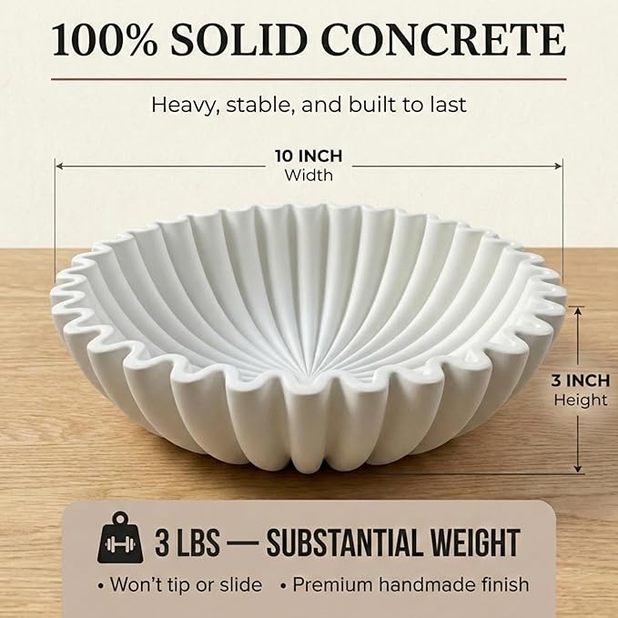 OAKOA Large Decorative Bowl - White Decorative Bowls for Home Decor - Organic Modern Home Decor Bowl - Concrete Ruffle Bowl Decor - Fluted Bowl - Scalloped Bowl
