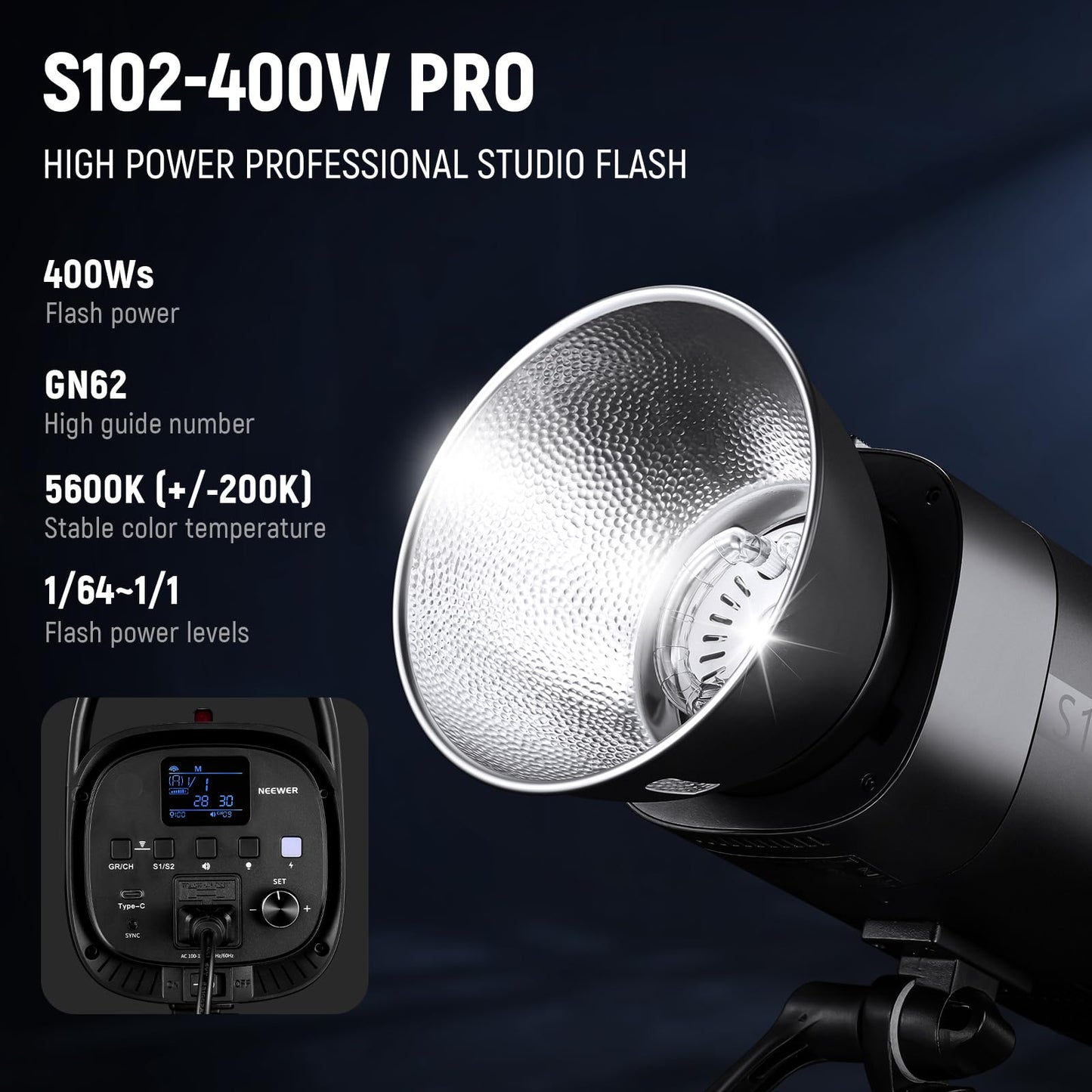 NEEWER Photo Studio Backdrop Support System + S102-400W PRO Flash Lighting Kit (2 Pack) with Light Stands, Bowens Mount Softboxes, 5 in 1 Reflector, Bag, Background Stand with Max Load 8.8lb/4kg