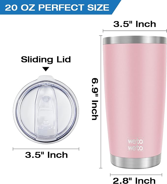 WETOWETO 20oz Tumbler, Stainless Steel Vacuum Insulated Water Coffee Tumbler Cup, Double Wall Powder Coated Spill-Proof Travel Mug Thermal Cup for Home Outdoor (Ice Pink, 1 Pack)