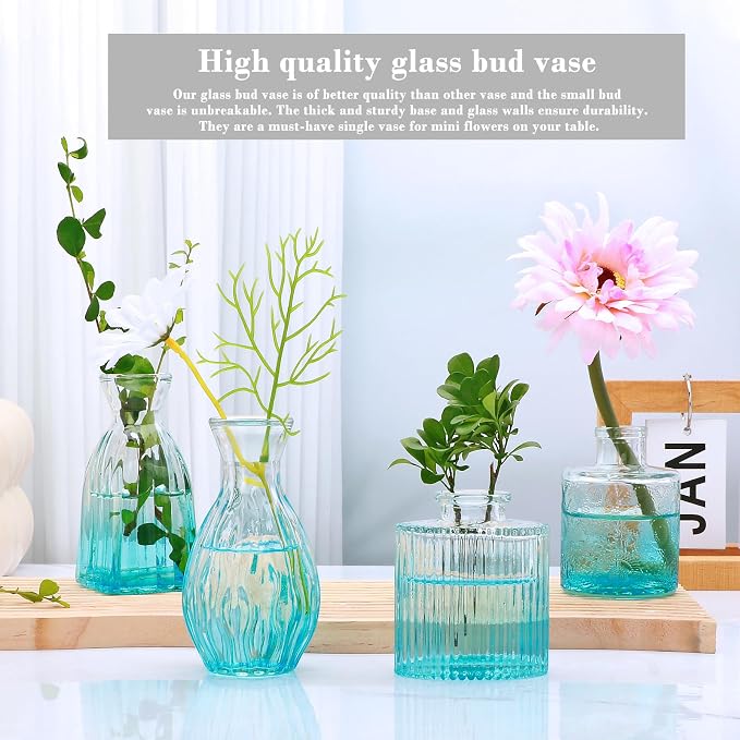 Mapoxy Glass Bud Vases Set of 4,Blue Small Flower Vases for Wedding Centerpiece Table Decorations,Clear Vintage Embossed Mini Vases,Flower Arrangements in Vases for Party or Home Decor