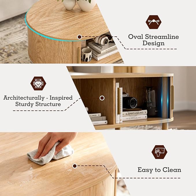 ZttRiee Coffee Table for Living Room, Modern Oval Coffee Table with Cabinets & Sliding Doors, Home Small Space, 47.2" Fluted Center Table, Natual