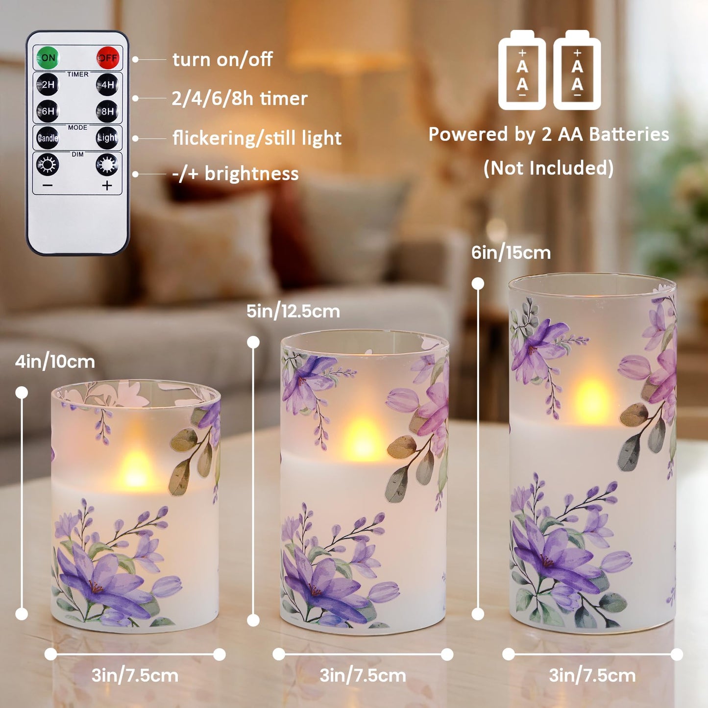 Wroxipel Pack of 3 Flameless Daily Timer Flickering Real Wax Pillar Candles, 3" x 4" 5" 6" LED Battery Operated Purple Flowers Glass Warm Light with Remote Control