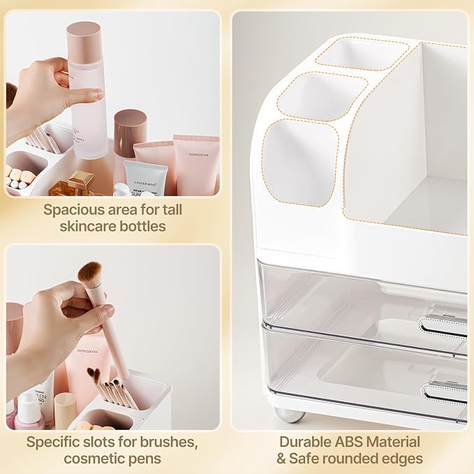 Makeup Organizer with Brush Holder, Makeup Organizer Countertop with 2 Drawers, Make up Organizers for Vanity, Vanity Organizer, Makeup Storage For Skin Cares,Makeup Brushes,Lipsticks,Perfumes(White)