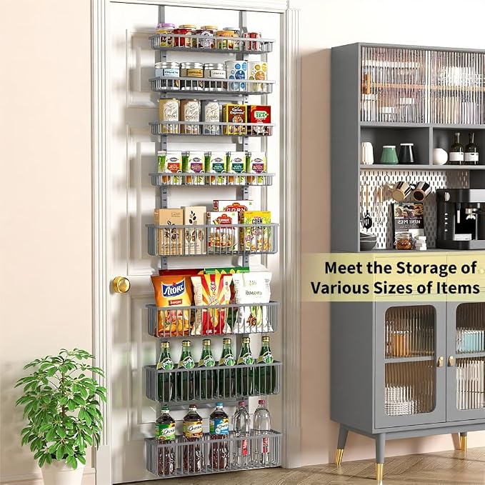 Moforoco Grey Over The Door Pantry Organizer, Pantry Door Organizer Shelves, Kitchen Organizers and Storage, Hanging Basket Wall Spice Rack Seasoning Shelves, Laundry Room Bathroom accessories
