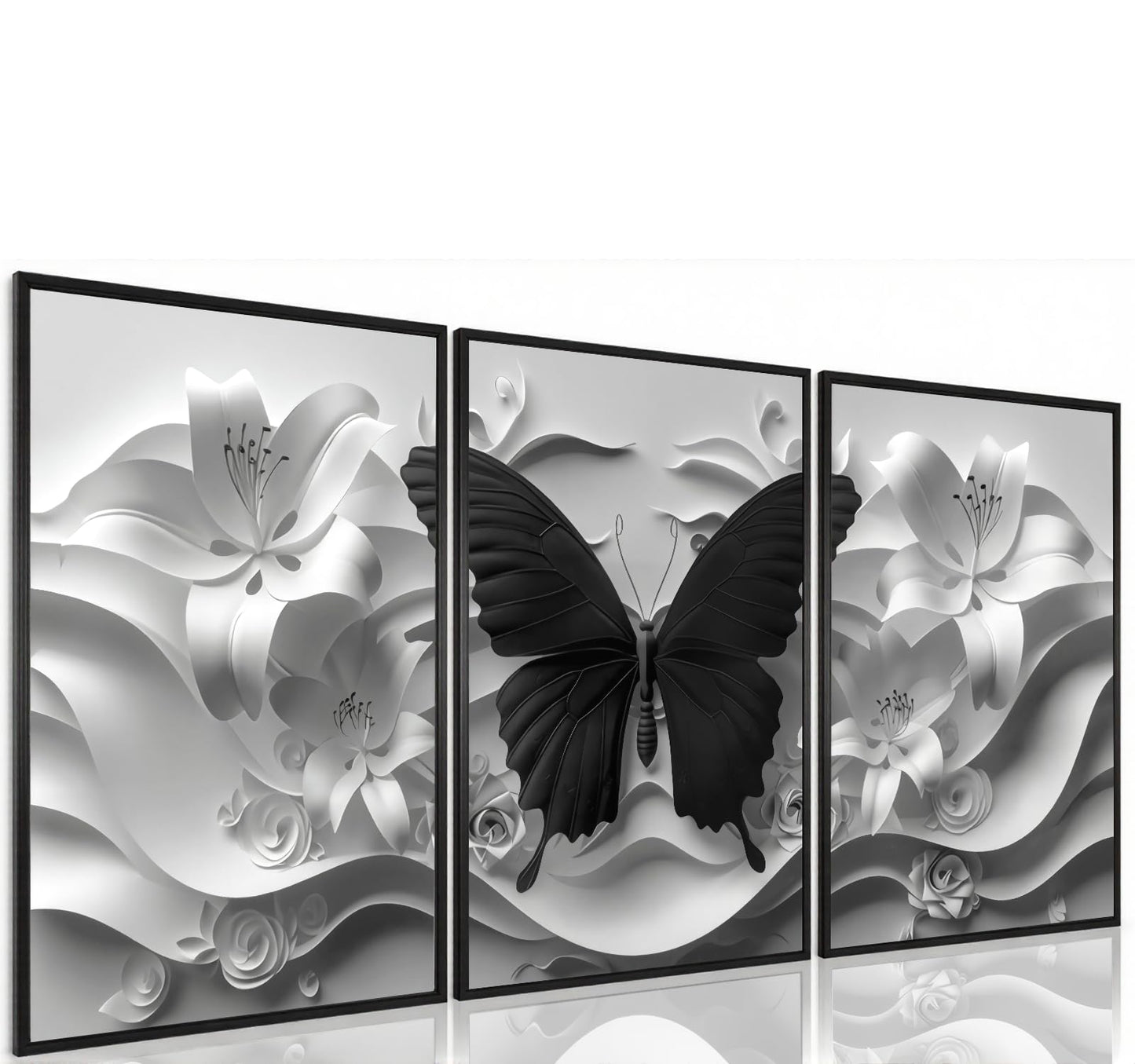 2D Black Butterfly Wall art set of 3 White Flowers Picture Canvas Art Modern Abstract Textured Florals Posters print Artwork for Living Room Bedroom Bathroom Decoration 12 * 18 in (Poster)