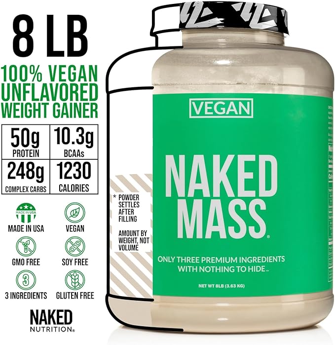 NAKED Vegan Mass - Natural Vegan Weight Gainer Protein Powder - 1,230 Calories, Non-GMO, Soy & Gluten Free, No Artificial Ingredients - 8LB Bulk - 11 Servings