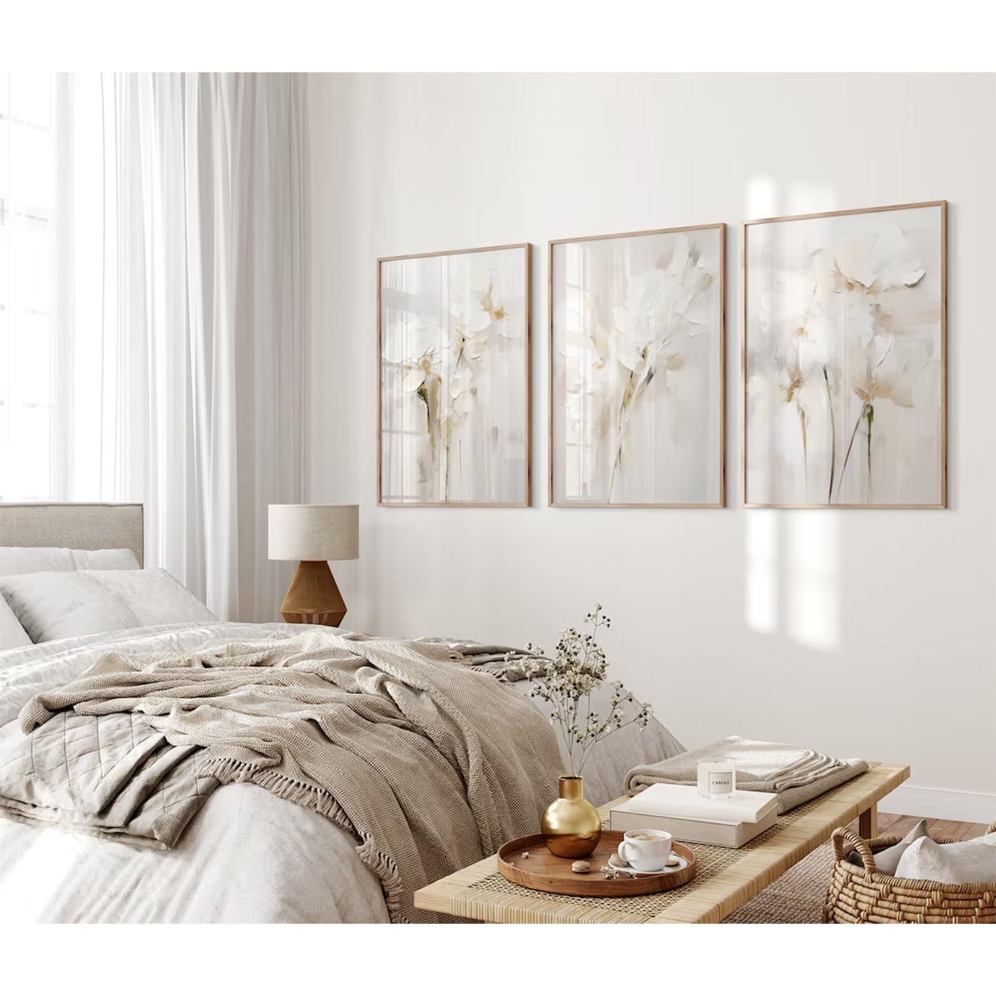 Neutral Wall Art Abstract Floral Canvas Pictures Beige Flower Wall Decor Modern Painting Minimalist Poster Abstract Botanical Prints White Artwork for Bedroom Living Room 12x16 Inch Unframed Set of 3