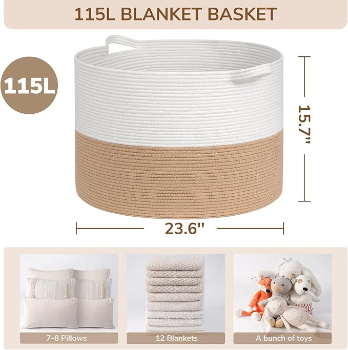 INDRESSME 115L Extra Large Jute Rope Basket, Blanket Basket Home Decor Baby Laundry Baskets for Toys Storage Bedroom, Living Room, Nursery, Boho Hamper for Colthes Towel, White & Camel