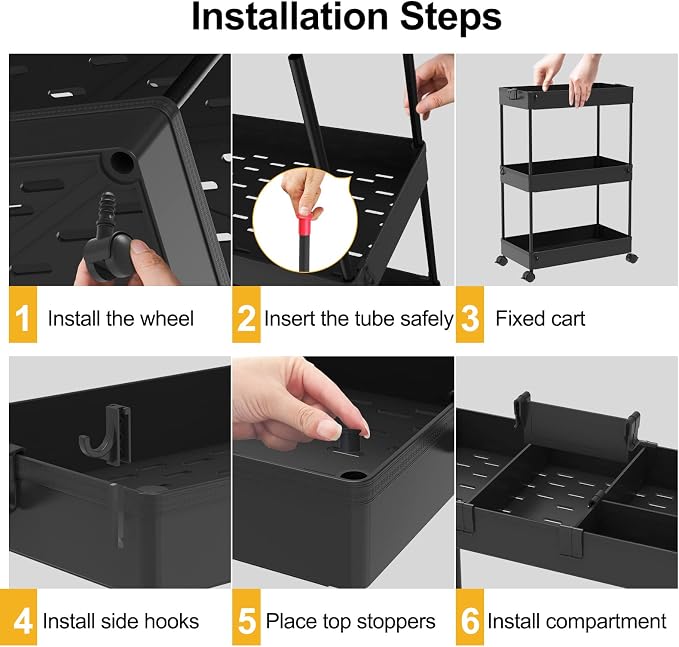 SPACELEAD 3 Tier Rolling Cart with Wheels, Storage Craft Art Trolley Organizer Serving, 3 Hanging Baskets Easy Assembly, for Office, Bathroom，Living Room, Kitchen, Black
