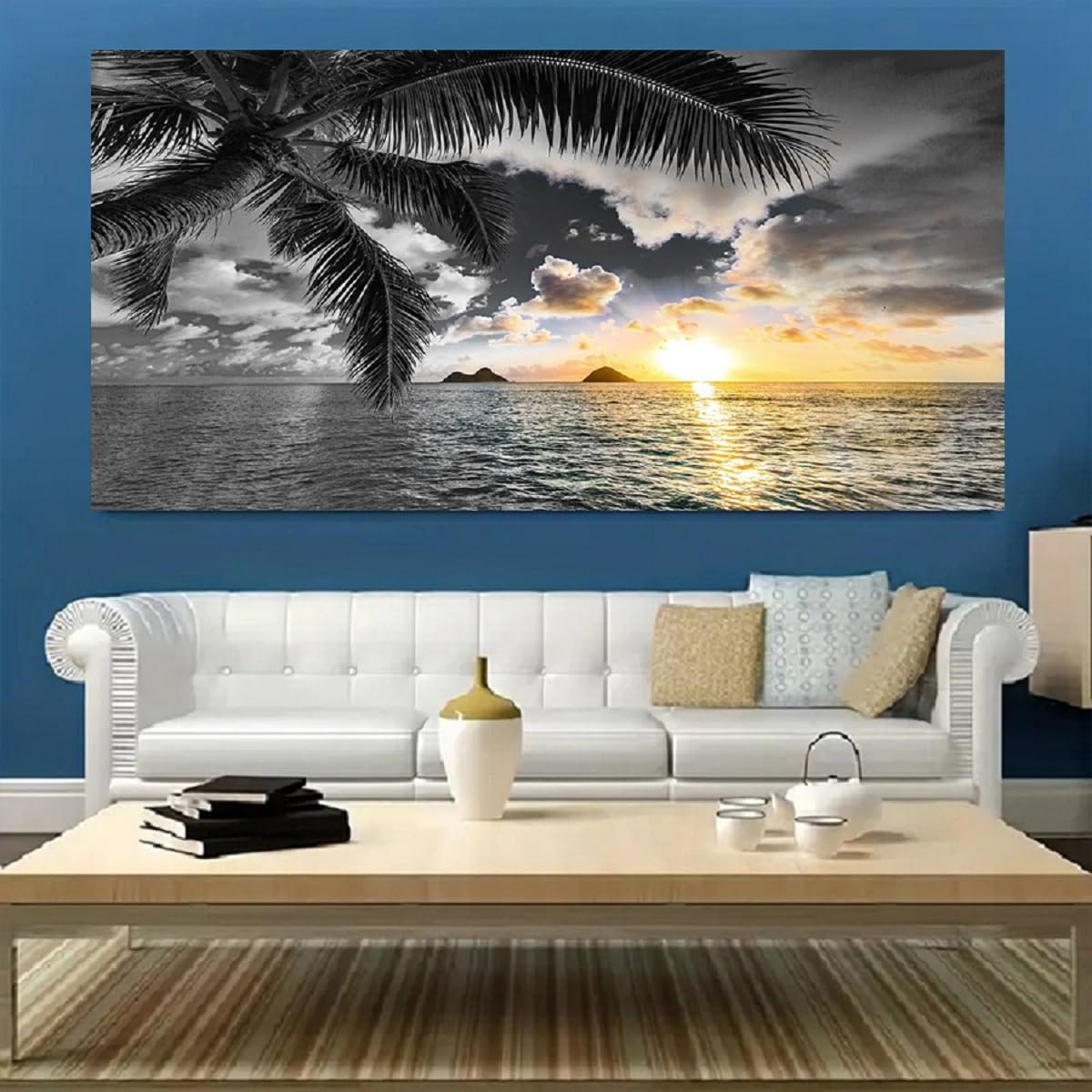 Bamdeya Wall Decor Living Room Black and White Beach Wall Art Sunset Seascape Pictures Palm Canvas Prints Art Wall Decor Bedroom Ocean Poster Painting for Home Office Decoration Scenery Artwork
