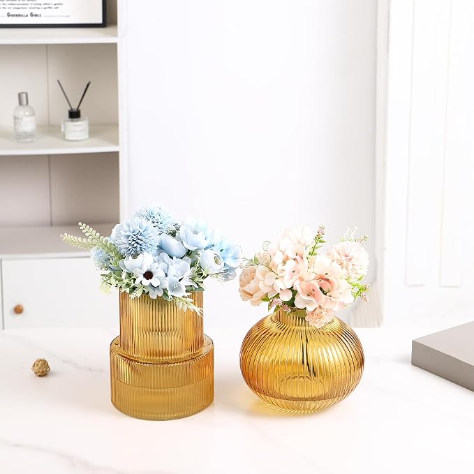 Ribbed Glass Vases, Set of 2 Fluted Vases for Flowers, Amber Glass Vase for Tulips, Modern Vase for Living Room, Kitchen, Office, Entryway, Mantle, Bookshelf, Wedding Gifts, Birthday
