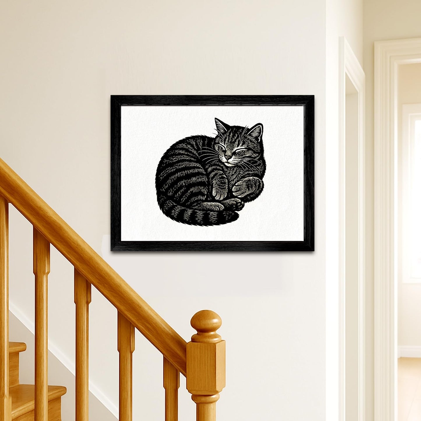 Caelumis Sleeping Cat Wall Art, Black and White Framed Cat Print, Woodcut Style Cat Wall Decor for Living Room, Bedroom or Office, 20 x 16 Inches