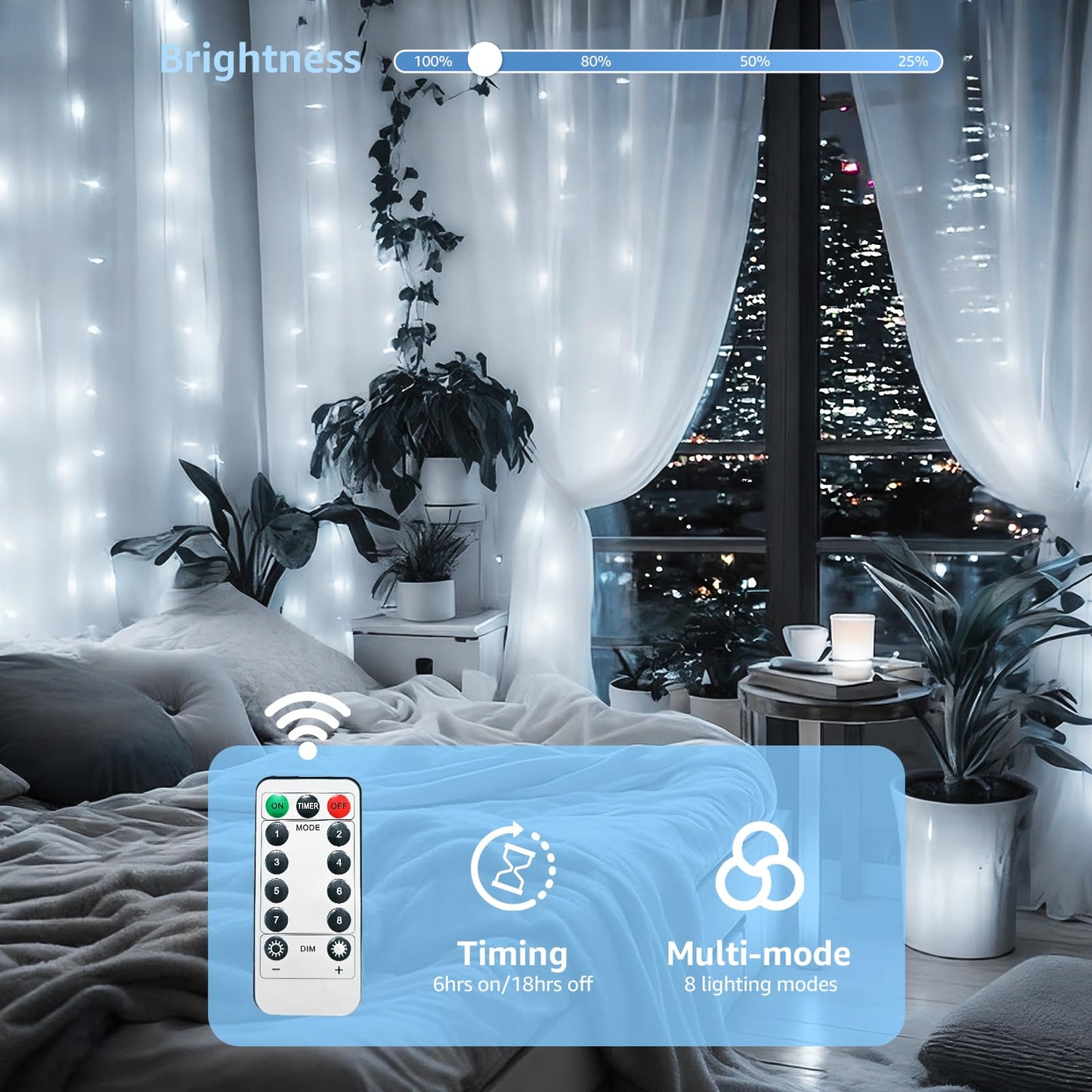 FUYO Window Curtain String Lights for Bedroom, 300 LED Fairy String Light 8 Lighting Modes Waterproof Lights for Christmas Bedroom Party Wedding Home Garden Wall Decorations (White)