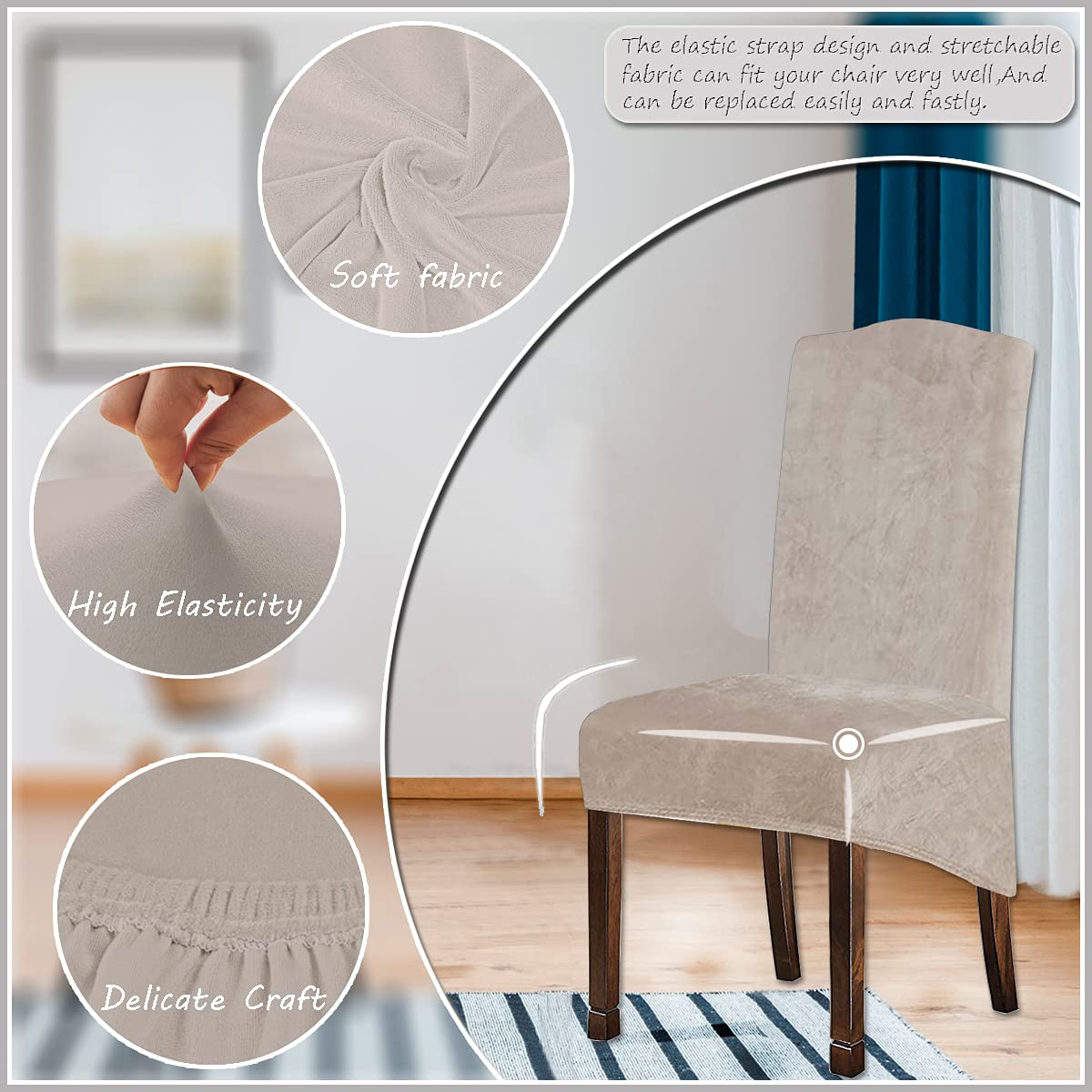 KELUINA Velvet Plush XL Dining Chair Covers, Stretch Chaircover, Spandex High Chairs Protector Covers Seat Slipcover with Elastic Band for Dining Chairs (Tauqe 1, Set of 2)