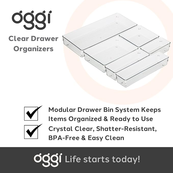 Oggi Clear Drawer Organizer - 6" X 6"- Ideal for Organizing Kitchen Drawers, Office, Desk, Silverware, Kitchen Utensils, Cosmetics and Bathrooms (Pack of 2)