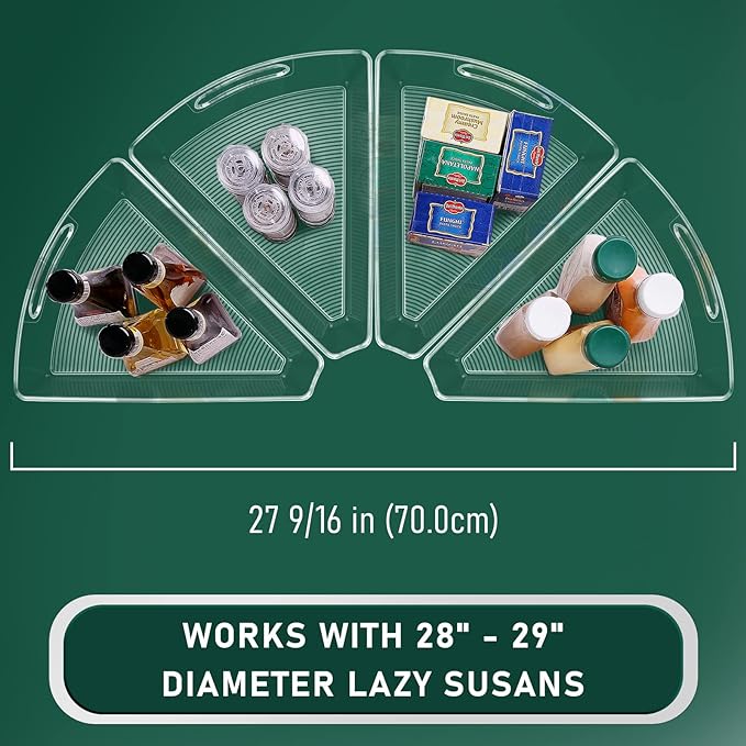 JEISSLIA Lazy Susan Cabinet Organizer Bins for 26"/ 28"/ 32" Diameter Corner Organizer, Plastic Cabinet Storage Bin, 1/8 Wedge - Food Safe, BPA Free, with Non-Slip Pads (for 28" Diameter, 4 Pack)