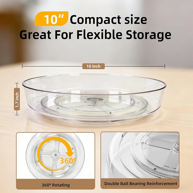8 Pack Lazy Susan 10 inch Turntable for Spice Organization | Clear BPA-Free Plastic Rotating Organizer for Kitchen Cabinet, Pantry, Countertop, Fridge | 360-Degree Rotating Base