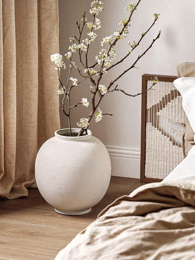White Ceramic Vase - Large 13.5 Inch Round Floor Vase for Centerpieces, Farmhouse Flower Vases, Rustic Minimalist Home Decor (Sandstone White)
