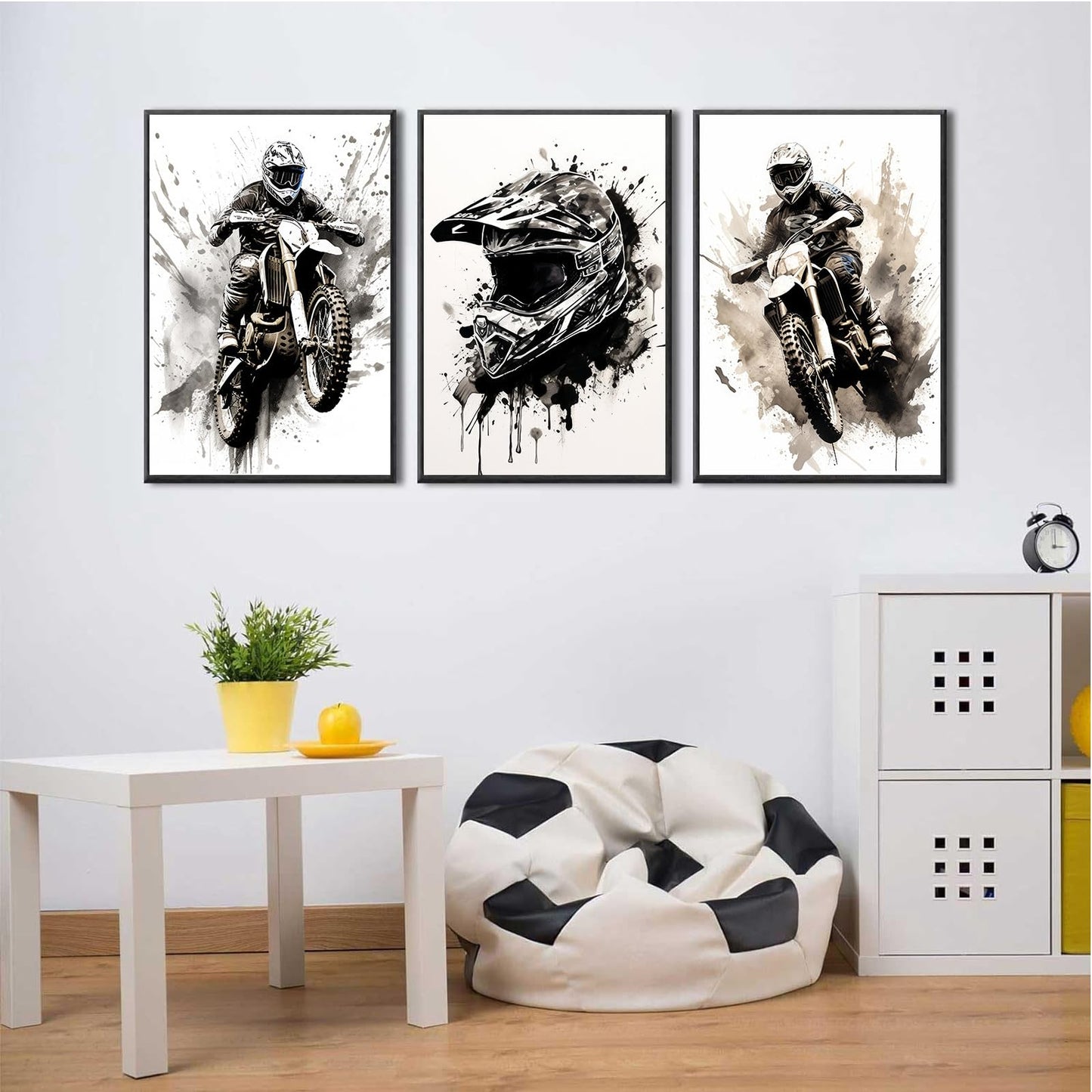 ZUGHRERF Motorbike Trendy Wall Art Black and White Motorcycle Canvas Poster Prints Artwork Cool Racer Sports Pictures Motocross Rider Graffiti Helmet Painting for Boys Teen Man Cave Home Decor 12x16in