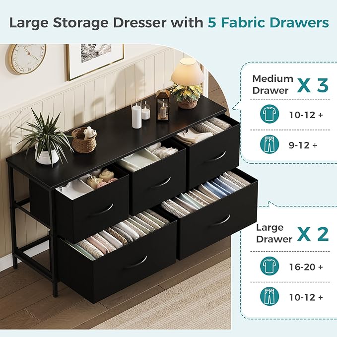 OLIXIS 5 Drawer Dresser for Bedroom, Closet Chest Organizer Furniture, TV Stand for Living Room Hallway, Wide Fabric Storage Tower with Wooden Top and Metal Frame, Black