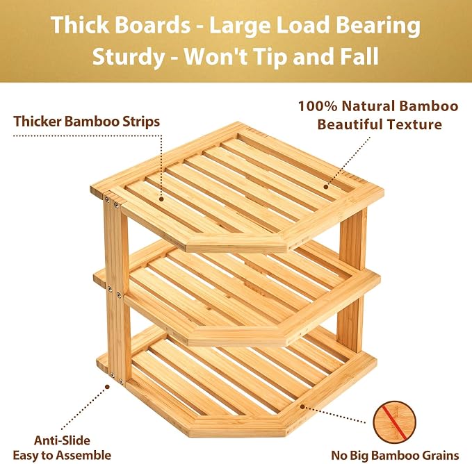 Umilife Plate Organizer for Cabinet, Bamboo Corner Shelf, Dish & Bread Organizer, Spice Rack, Kitchen Bathroom Countertop Storage Organization Space Saver