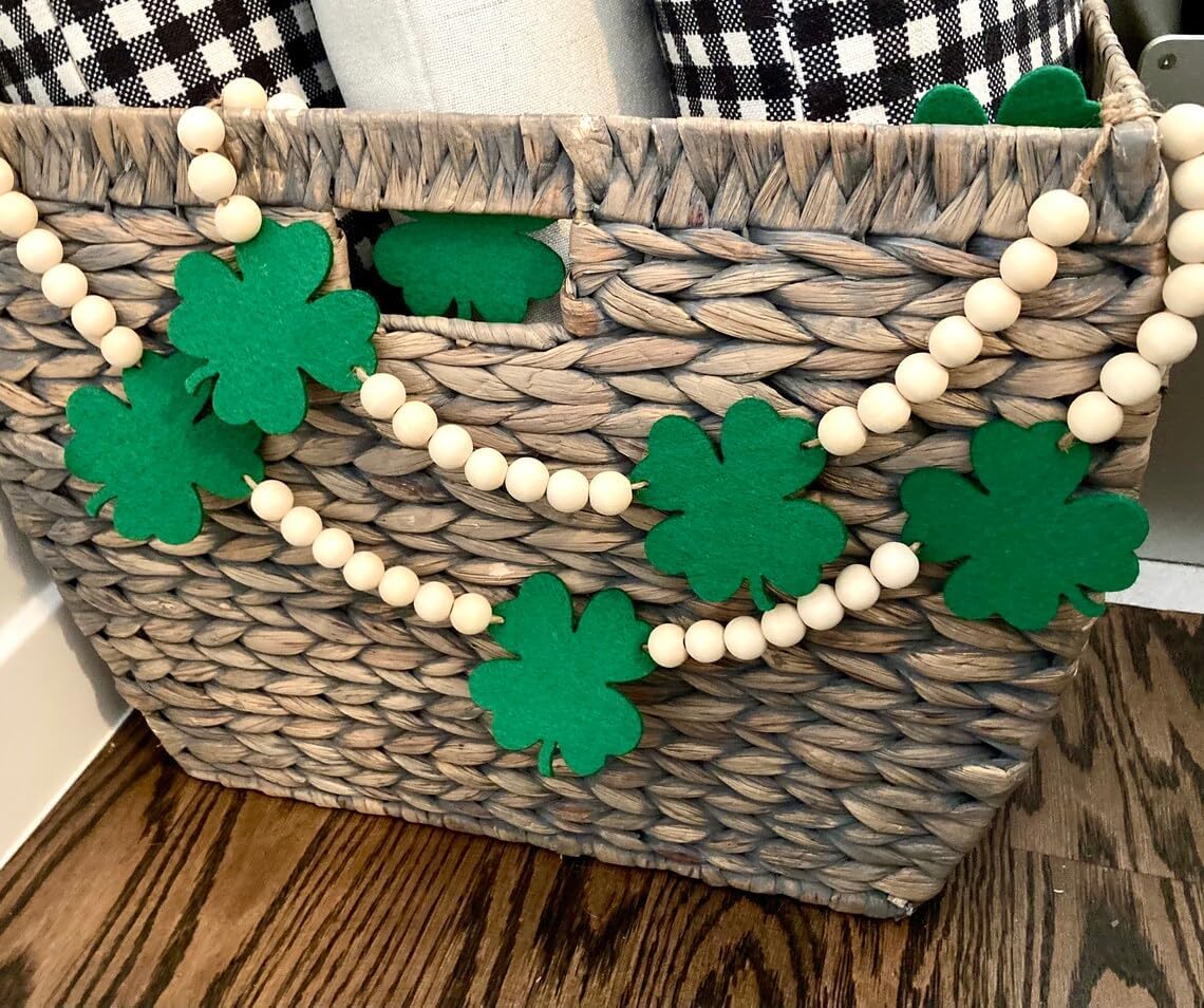 7.5 FT Beaded St Patricks Day Garland, Felt Shamrock Banner and Wooden Beads | Rustic Farmhouse Clover St Patricks Day Decorations for Home Bar Party, Shelf Display, Fireplace, Wall Decor