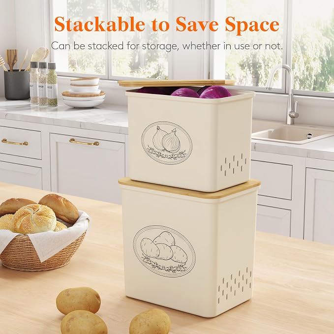 Lifewit Onion and Potato Storage Bin with Aerating Holes and Lid, Stackable Garlic Keeper, Plastic Vegetable Container Box for Kitchen, Beige, Set of 2