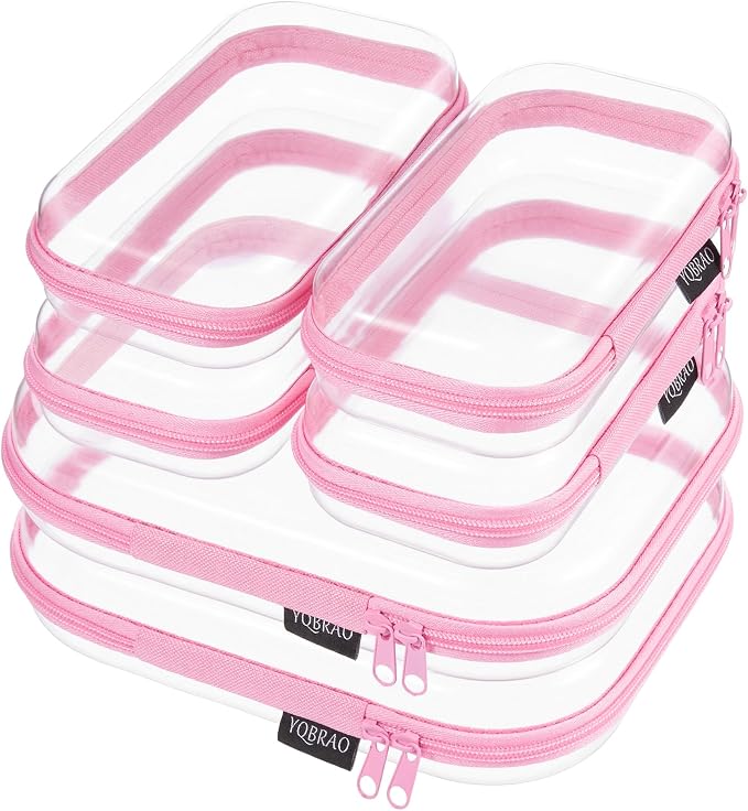 6 Pack Pink Clear Hard Shell Beauty Organizer (2M+4S), 1.2mm Heavy Duty Crush-Proof Cosmetic Case, Reinforced YKK Zippers, Stadium Approved Security Bag for Skincare & Electronics, Multi-Size Set