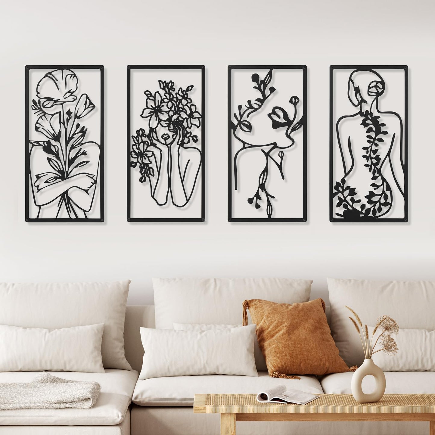Cindeer 4 Pcs Metal Wall Art Decor Minimalist Abstract Woman Wall Art Line Drawing metal line art Home Hanging Art Decor for Bedroom Kitchen Bathroom Living Room(Fresh,Black)