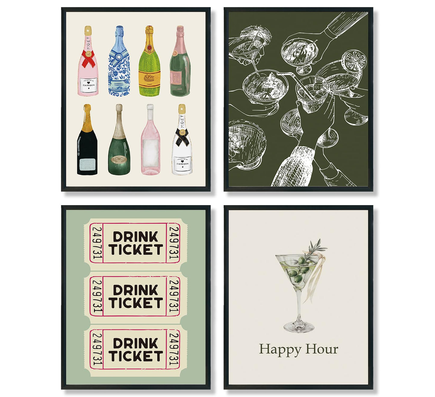 ULEGIE Bar Wall Decor Bar Cart Decor, Trendy Retro Champagne Cocktail Cheers Wall Art Decor Set of 4, Bar Poster, Bar Art Wall Decor Posters for Home Lounge Bar Club Kitchen, 8x10 Inch Unframed