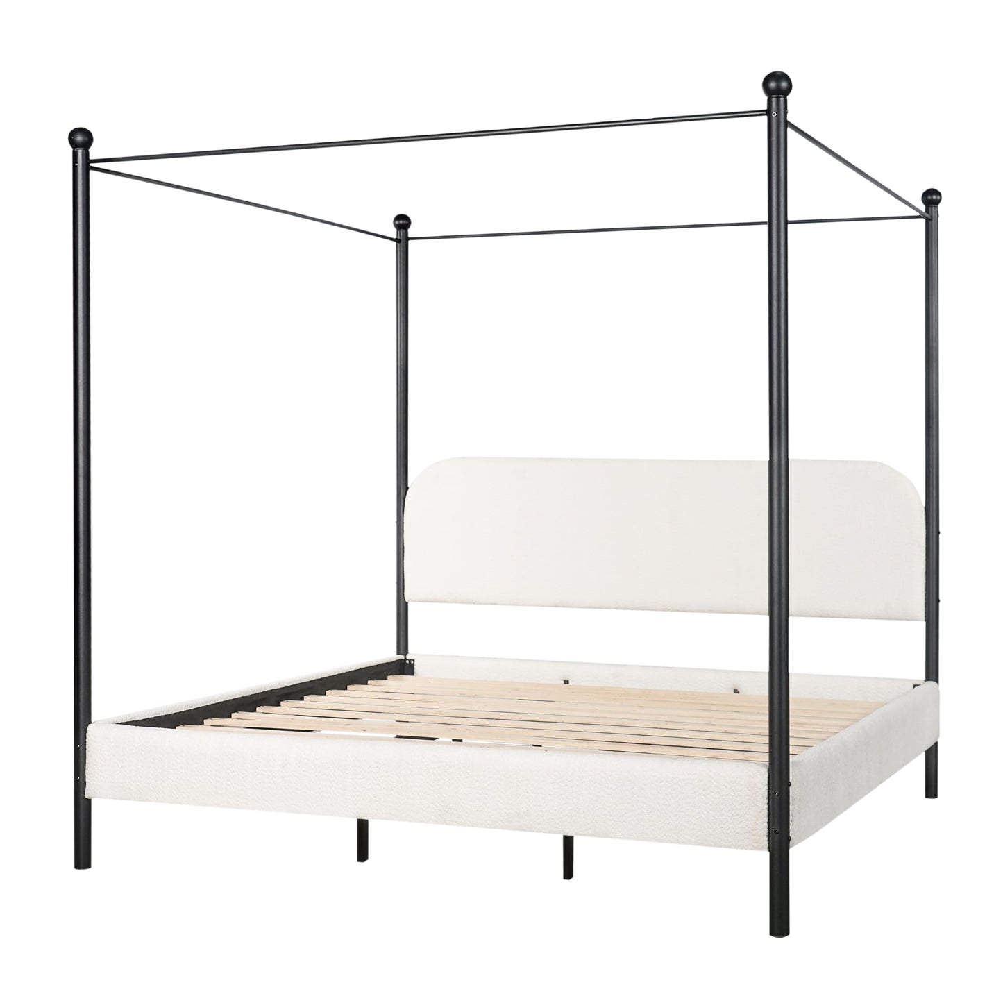Christopher Knight Home King Size Upholstered Canopy Bed Frame with Boucle Fabric, Curved Headboard and Iron Legs, Modern Platform Bed Frame with Slats No Box Spring Needed, White