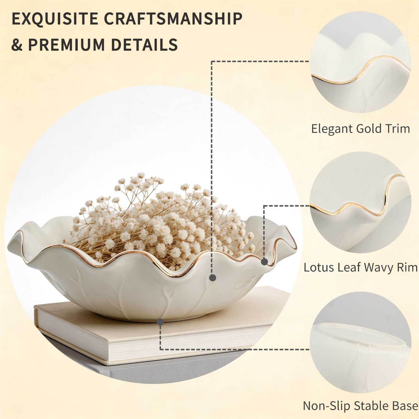 Afadorable 10 Inch White Shallow Handmade Ceramic Lotus Leaf Bowl with Gold Rim, Large Decorative Fruit Bowl for Kitchen Counter, Coffee Table Decor, Dining Table Centerpiece & Entryway Key Bowl