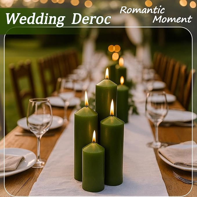 36 Pcs Green Pillar Candles Bulk Set，Hurricane Candlesï¼? Different Lengths (12 Each)，Dripless Unscented Smokeless，Gives You a Better Atmosphere When Organizing Wedding or Event Party.