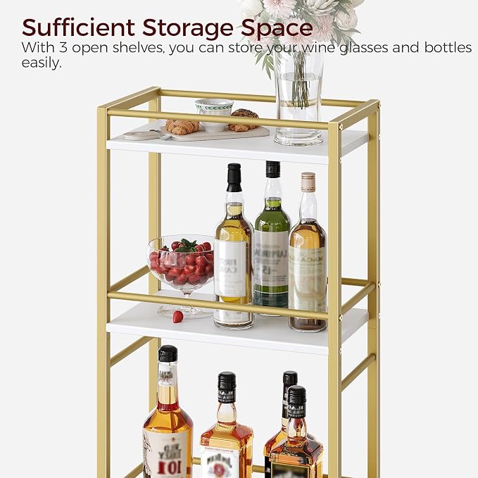MAHANCRIS Bar Cart for The Home, 3-Tier Drink Cart on Wheels, Home Bar Serving Cart, Mini Bar Cart for Small Space, Rolling Kitchen Carts for Bar, Kitchen, Dining Room, Gold RCJW4001